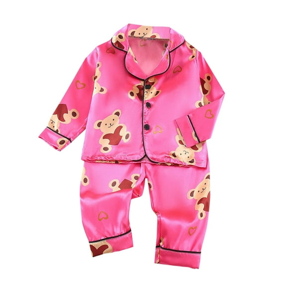 Odeerbi 1-5 Years Toddler Boys Girls Satin Pajamas Notched Lapel Long Sleeve Shirt Pants Set Soft Loungewear Cute Print Sleepwear Silk Two-piece Pajama Sets Toddler Boys Girls Clothes