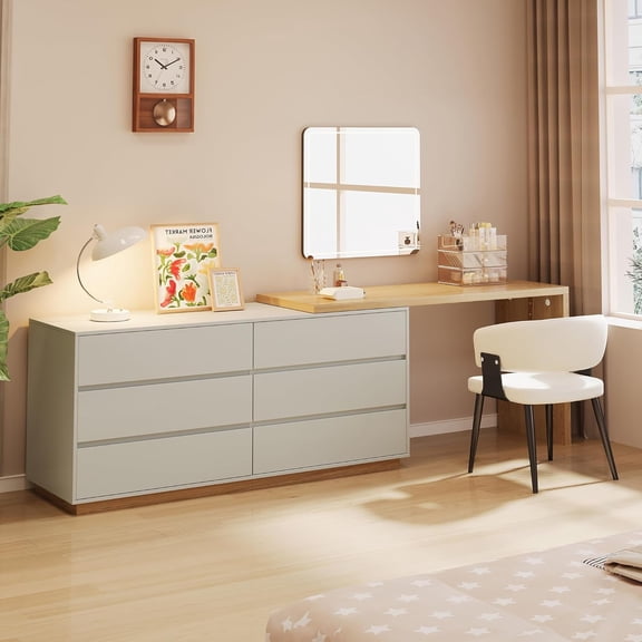 Modern Expandable Vanity Desk, 56-98.5 Inches, Adjustable L Shape Makeup Table with 6 Drawers, Bedroom Dressing Table Organizer, Light Gray with Natural Wood Finish