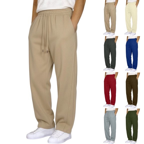 Men's Drawstring Elastic Waist Sweatpants Open bottom Straight Leg Draped Loose Fit Solid Color Casual Pants with Side Pockets