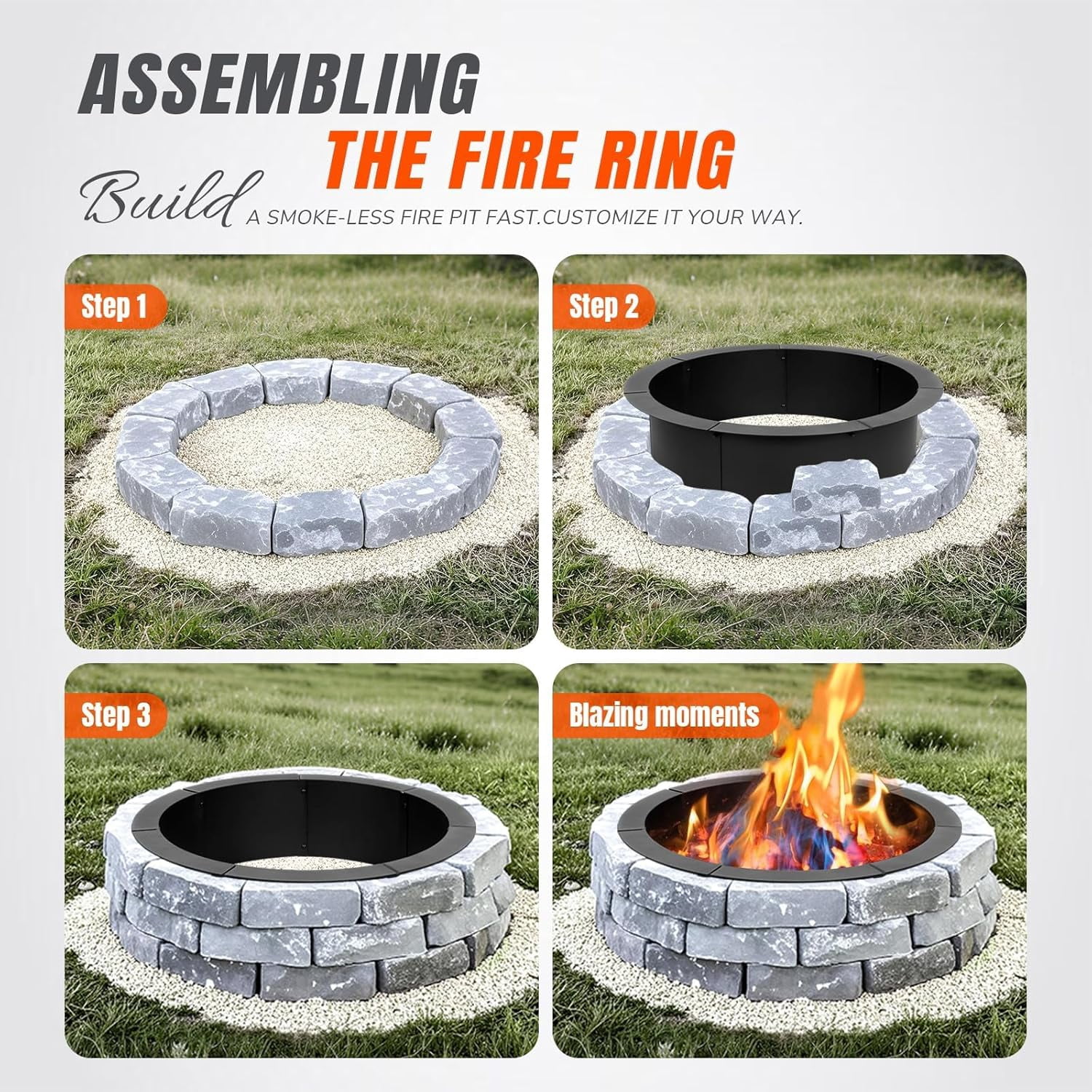 28-Inch Heavy Duty Steel Fire Pit Ring for Outside, Large Round Insert for DIY Camping, Black