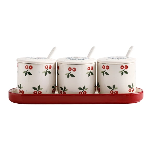 Nordic Sugar Bowl With Lid, Cherry Pattern Storage Jar Set, Solid Color Porcelain Sugar Pot, Salt Pot, For Coffee Bar, Restaurant-cherry-3 Set