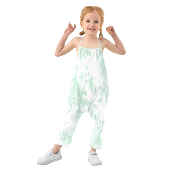 Girls' Jumpsuits Rompers Summer Casual Sleeveless Rompers With Pockets Spaghetti Strap Romper Mint Green Rabbits 1T