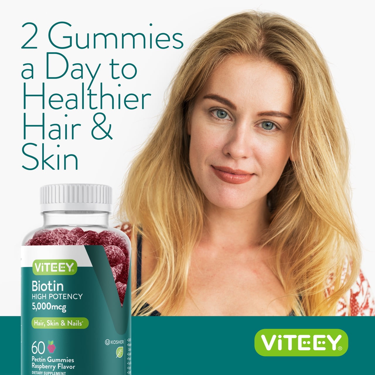 VITEEY Biotin Gummies 5,000 mcg, Hair Skin and Nails, Raspberry Flavor, 60 Count, 2 Pack