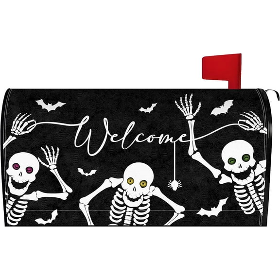 Halloween Skull Mailbox Cover 21x18 Inch, Halloween Skeleton Post Letter Box Covers, Halloween Spooky Magnetic Waterproof Mail Wraps for Outdoor Yard Garden Standard Mailbox Decor