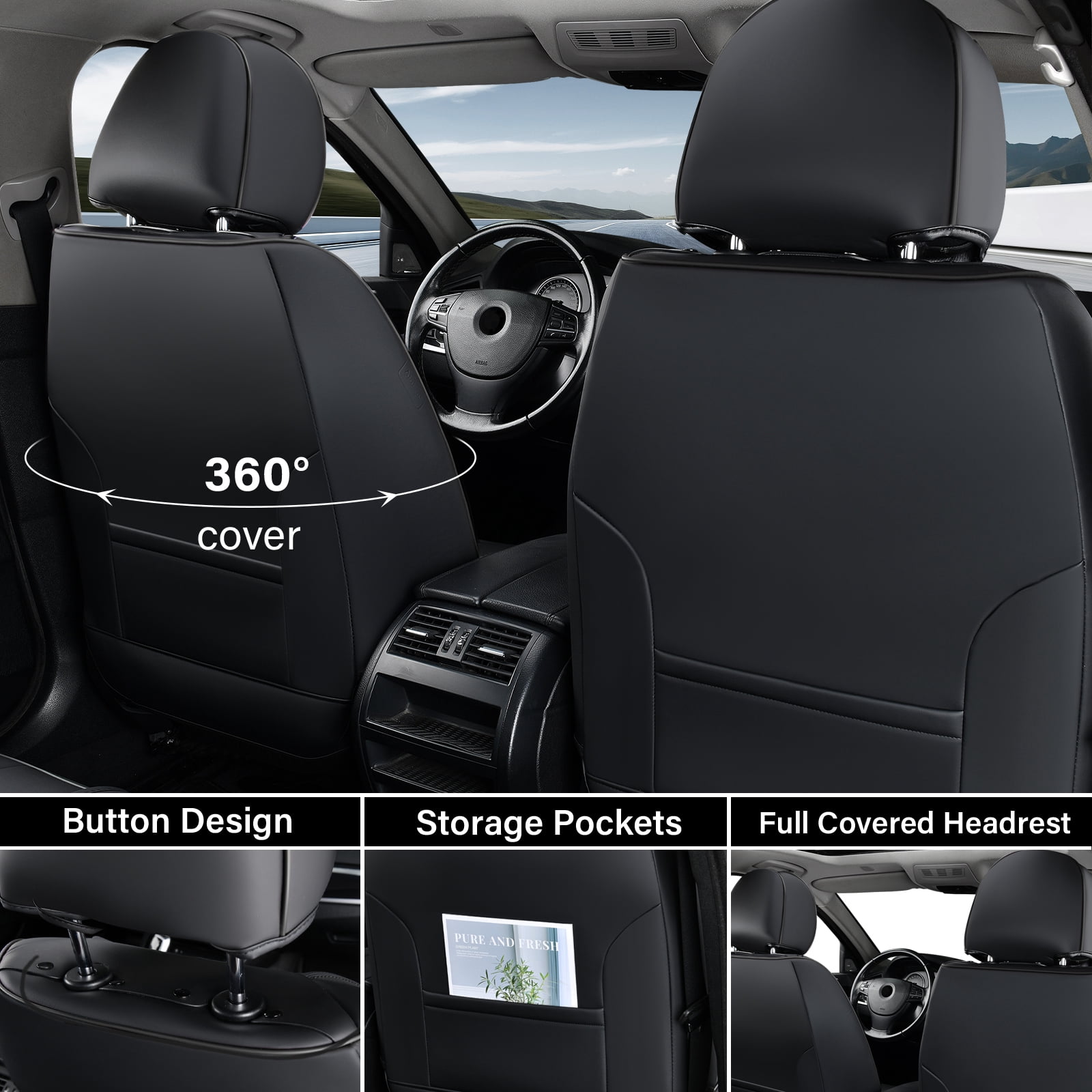 Coverado Waterproof Seat Covers For Cars, High-grade Leather Front Seat Protectors with Lumbar Support, Auto Cushions Universal Fit for Most Cars SUV Trucks, Black