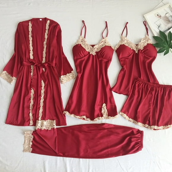 5 Pieces Sets Women Sleepwear Bathrobe Lingerie Nightwear Robe Spring Cooling Satin Bride Suit Softness Homewear Home Clothes Sleep Outfit Wine Red L