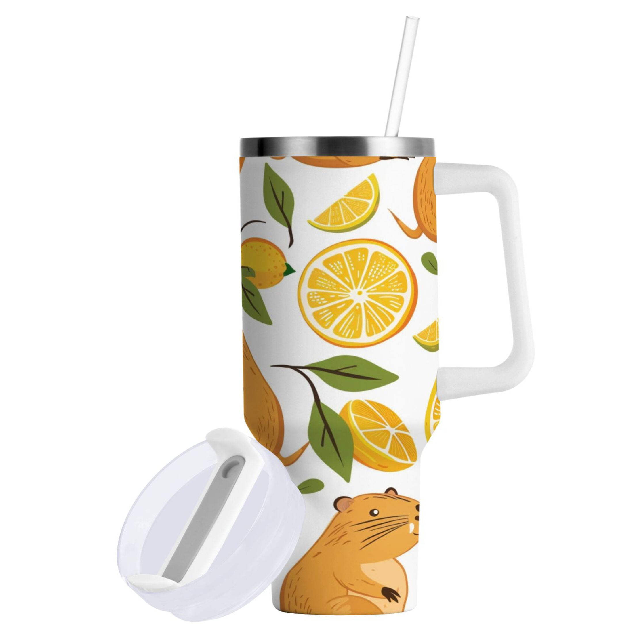Funny Baby Capybaras and Orange Tumbler with Handle and Straw Lid 30 oz Insulated Vacuum Water Bottle Stainless Steel Travel Cup