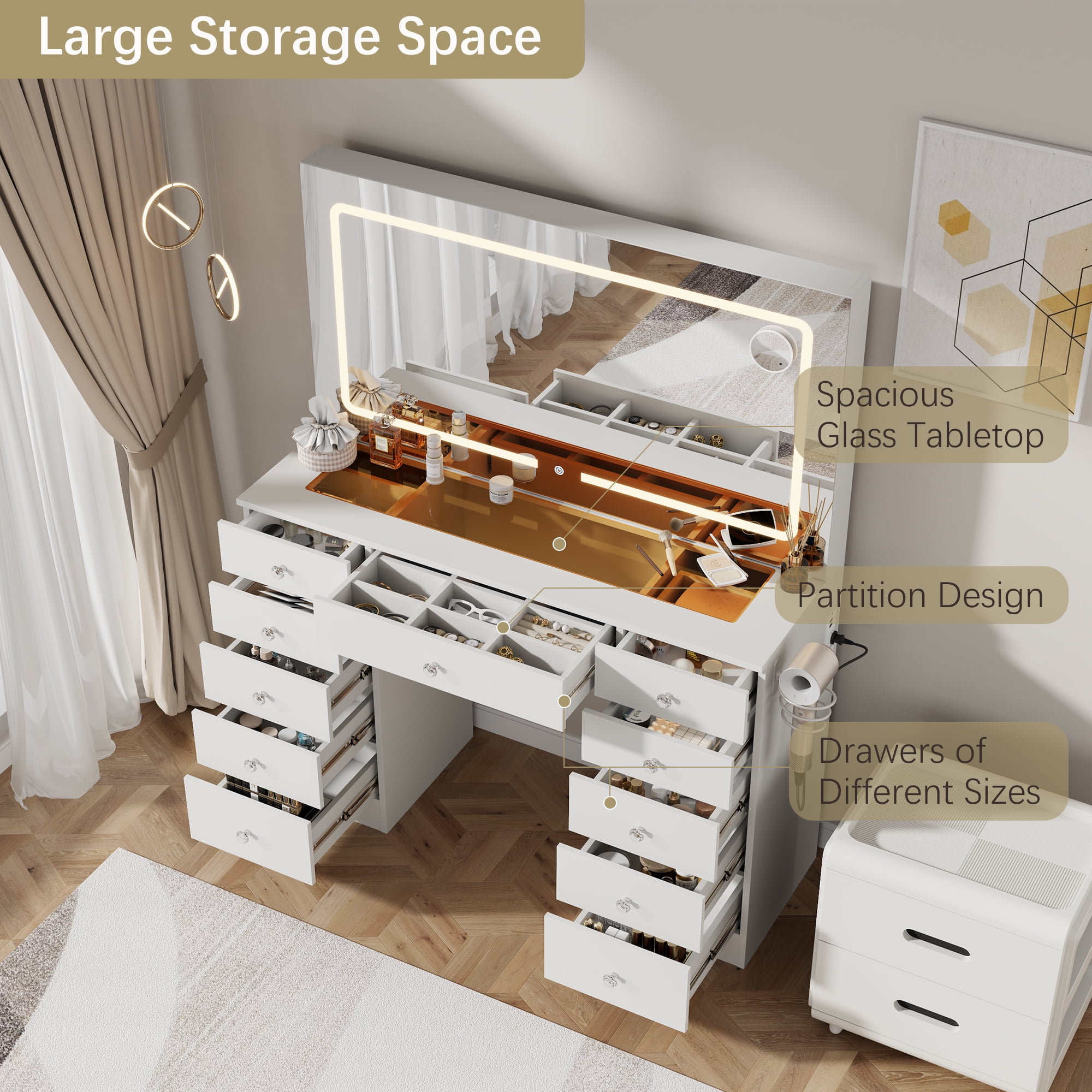 Vanity Desk with Tempered Glass top and Mirror and Lights,11 Drawers Makeup Vanity Desk, Vanity with 3 Adjustable Lighting Modes and Magnetic 5X Magnifier for Bedroom,White