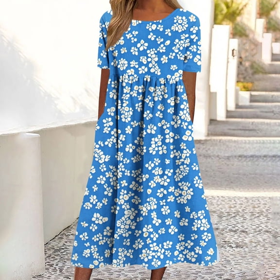 Women's Summer Casual Dresses Plus Size Round Neck Zipper Floral Print Dress