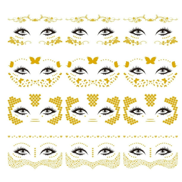 12 hojas de pegatinas de tatuaje facial, tatuaje temporal, joyas faciales para mujeres y niñas, maquillaje, fiestas de disfraces de bailarina