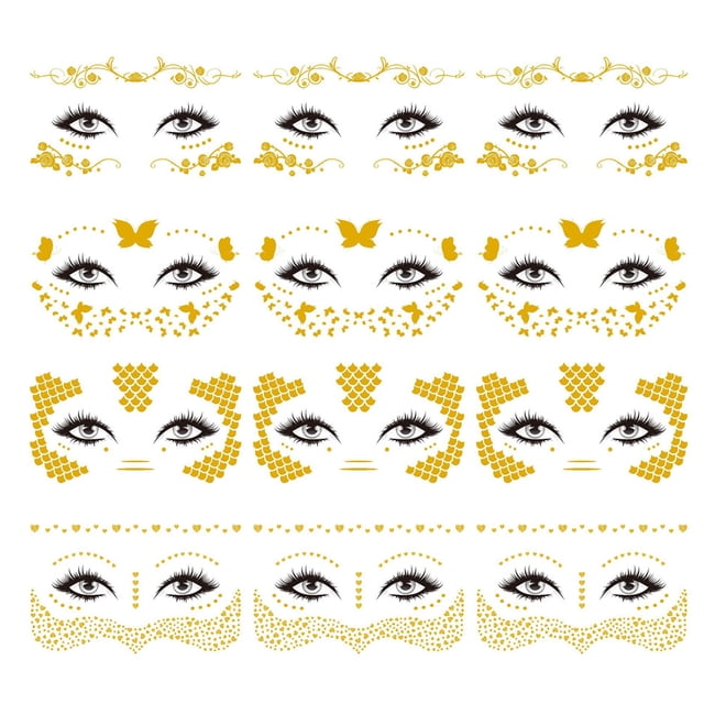 12 hojas de pegatinas de tatuaje facial, tatuaje temporal, joyas faciales para mujeres y niñas, maquillaje, fiestas de disfraces de bailarina