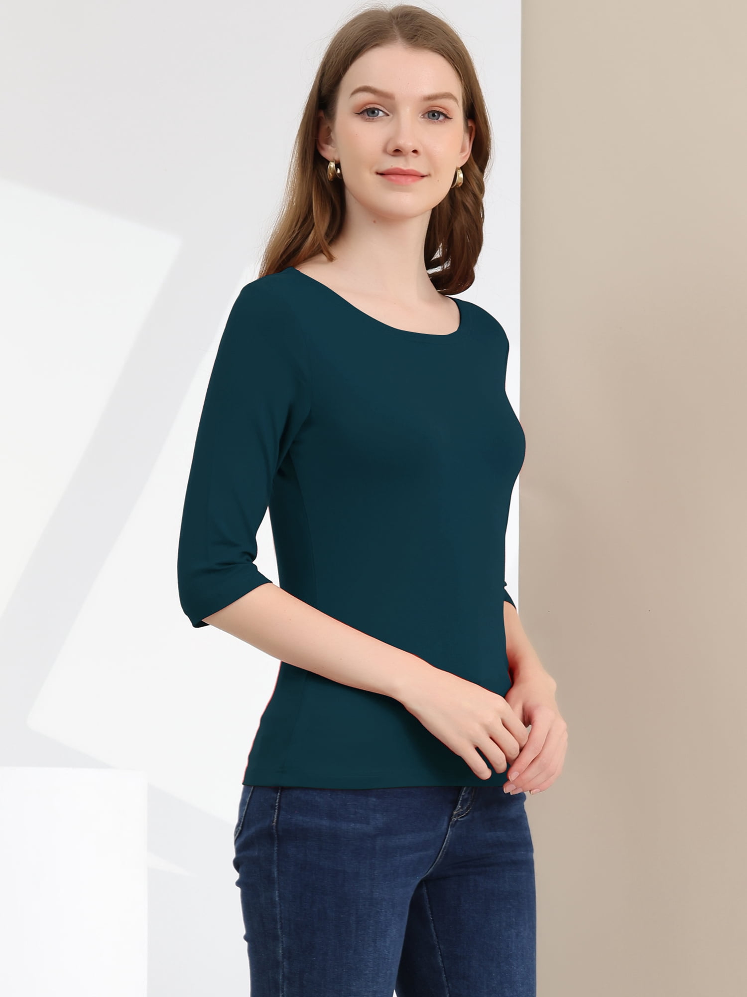 DARING DIVA Women's Elbow Sleeves Boat Neck Slim Fit Classic Tee S Dark Green