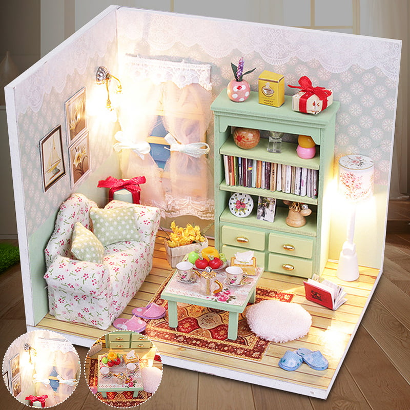 callm Mini Dollhouse Furniture Bed Set Miniature Living Room Kids Pretend Play Toy 