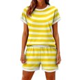 thumbnail image 3 of Domzest Womens Two Piece Short Sets Short Sleeve Crew Neck Striped Shirts & Elastic Waist Shorts 2026 Summer Lounge Set for Both Homewear and Going Out Yellow L, 3 of 5