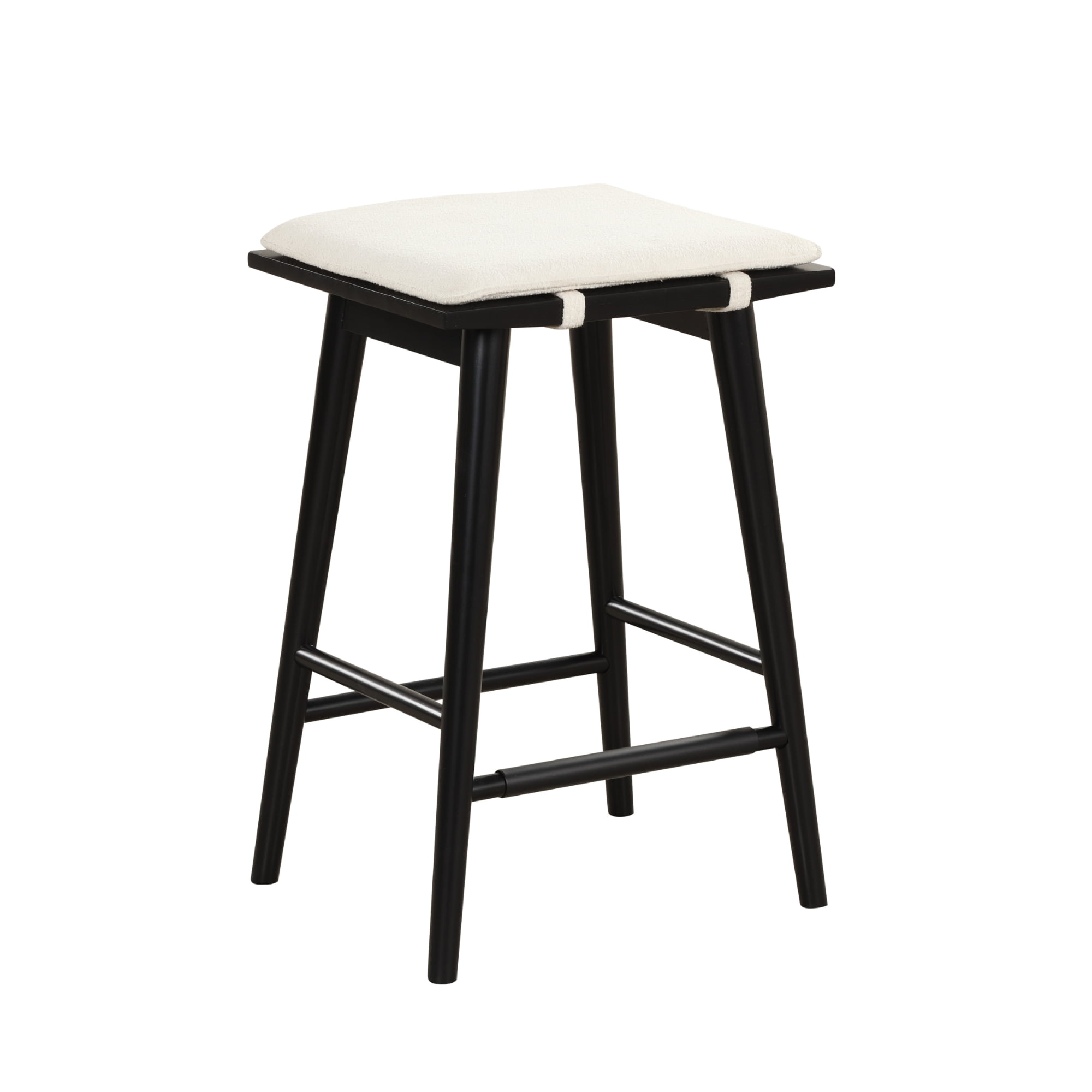 Nathan James Barker Counter Height Solid Wood Barstool with Upholstered Cushion, Backless Island Stool with Rubberwood Legs and Natural Textured Linen Upholstery for Kitchen, Black/White