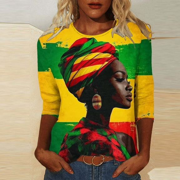 Jjayotai Casual Womens Tops, 3/4 Sleeve 2025 Black Tshirts, Crew Neck Black History Month Loose Blouse Women Multicolor L