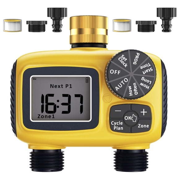 Programmable Sprinkler Timer 2-Zone, 2 Auto Modes Water Hose Timer, Automatic Irrigation with Rain Delay/Manual Watering for Outdoor Garden Yard Lawn