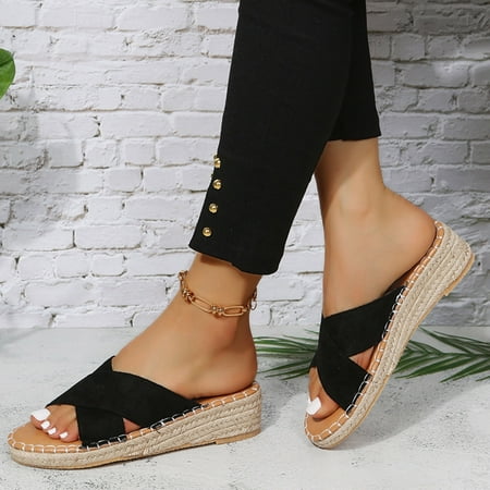 

SUODUI Women s Slippers Ladies Fashion Summer Solid Color Suede Strap Slippers Woven Bottom Wedge Slippers Black 8.5