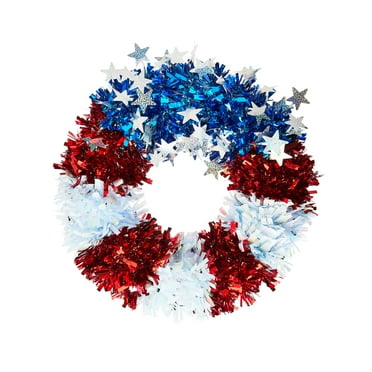 Patriotic Stars and Stripes Tinsel Wreath, Red/White/Blue, 16", by Way To Celebrate