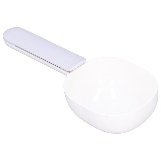 Cuchara de plástico grueso para comida de mascotas, segura, resistente y cómoda, para perros y mascotas, color blanco y gris.