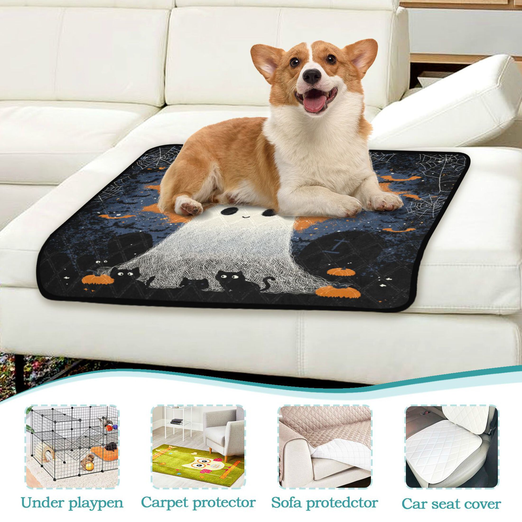 Qxltty Cute Little Ghost Cat litter Pads Pet Set of 2 Diaper Mats Center Anti-leakage Layer Absorbent Soft and Comfortable
