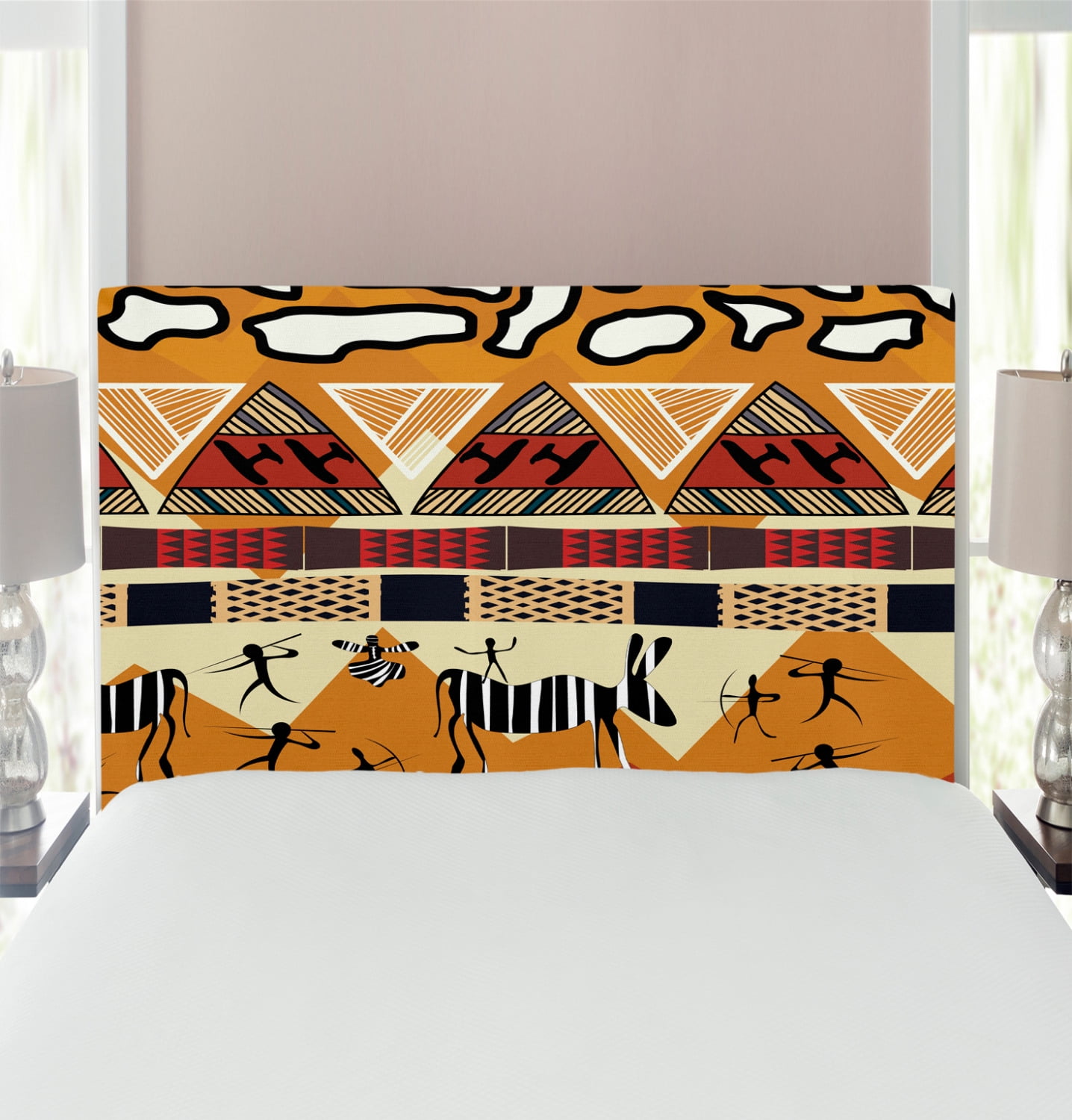 Ethnic Headboard, Style Hunting Zebra Illustration Prehistoric Tribe Life Theme Print