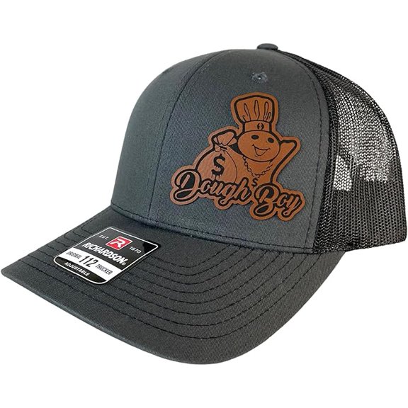 Dough Boy hat Funny Daddy Joke Trucker hat, Laser Engraved Vegan Leather Patch, Snapback (Cotton Blend, Charcoal/Black)