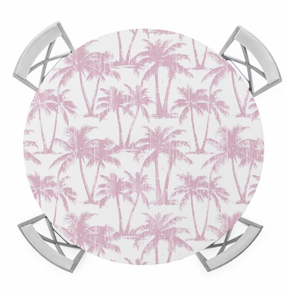 Summer Beach Palm Round Table Cover, Tropical Country Coastal Seaside Pink Tree Silhouettes Waterproof Fitted Tablecloths for 36"-44" Tables, Washable Picnic Table Cover for Dining Indoor Outdoor