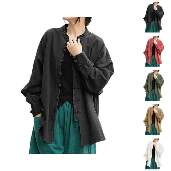 Women's Cardigan Chinese Retro Style Linen Long Sleeve Shirt Top Blouse Outerwear Open Front Knit Sweater Cardigan Sweaters for Women