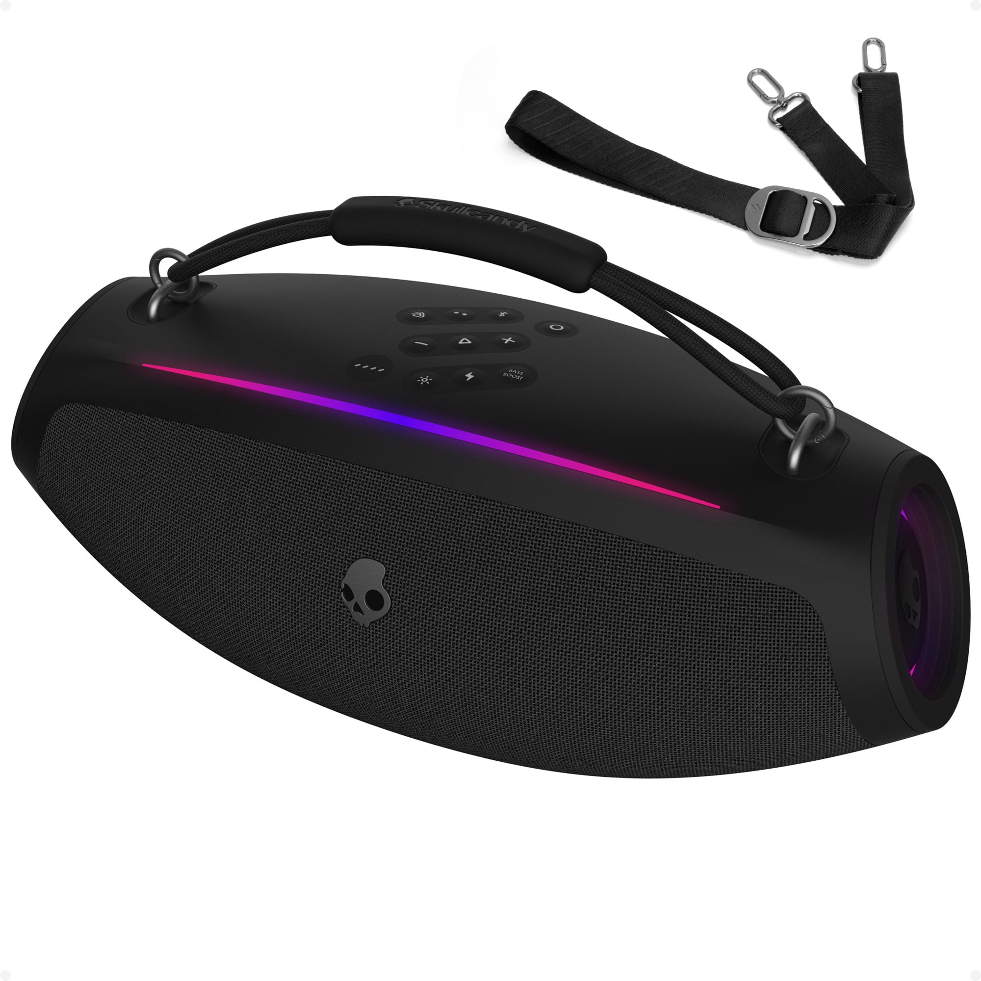 Skullcandy Barrel 2 Bluetooth Boombox Speaker, IPX5 Water Resistant, 12Hr Battery, LED Lights, Auracast Pairing, Shoulder Strap