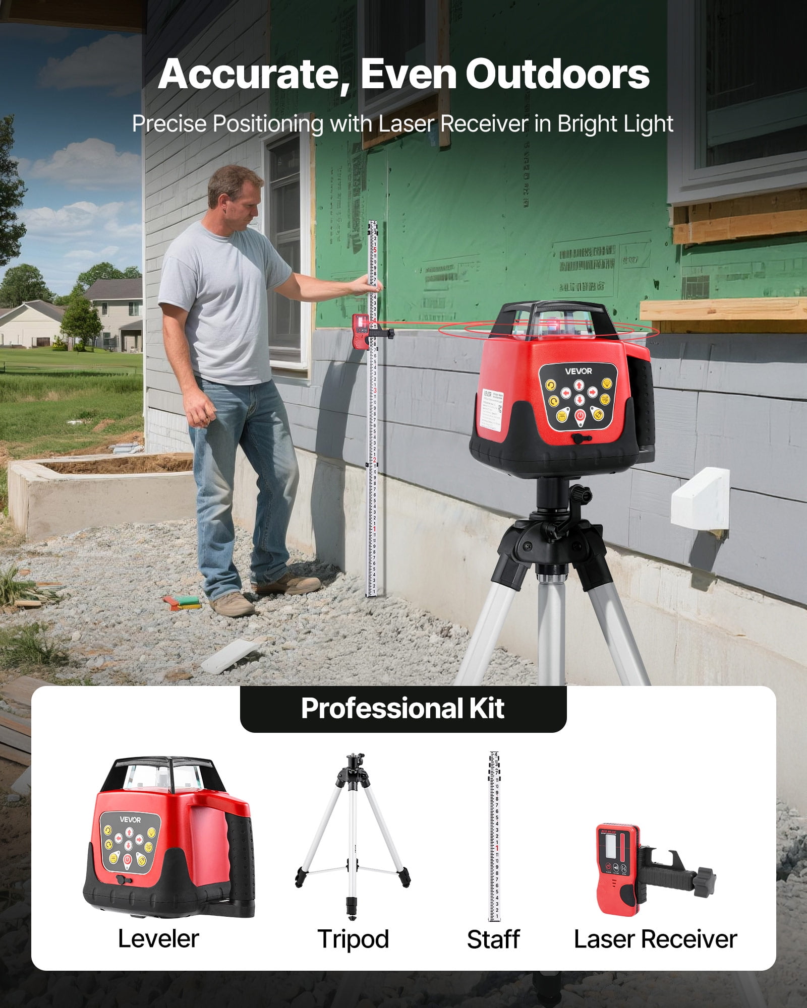 VEVOR Rotary Laser Level Kit, 1650ft 360-Degree Self Leveling Red Horizontal Laser Transit,with Tripod,Receiver,Remote Control,Scale,Toolcase,IP66 Waterproof,0.80in/100ft Precision for Construction