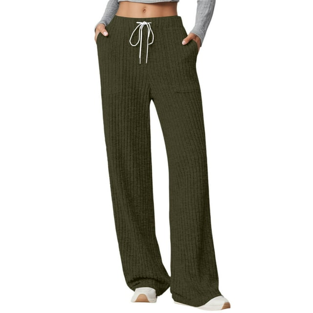 Women's Casual Pants Elastic Waist Soft Knitted Trousers Ribbed Texture High Rise Pocket Pants for Comfortable Daily Wear Fall Winter