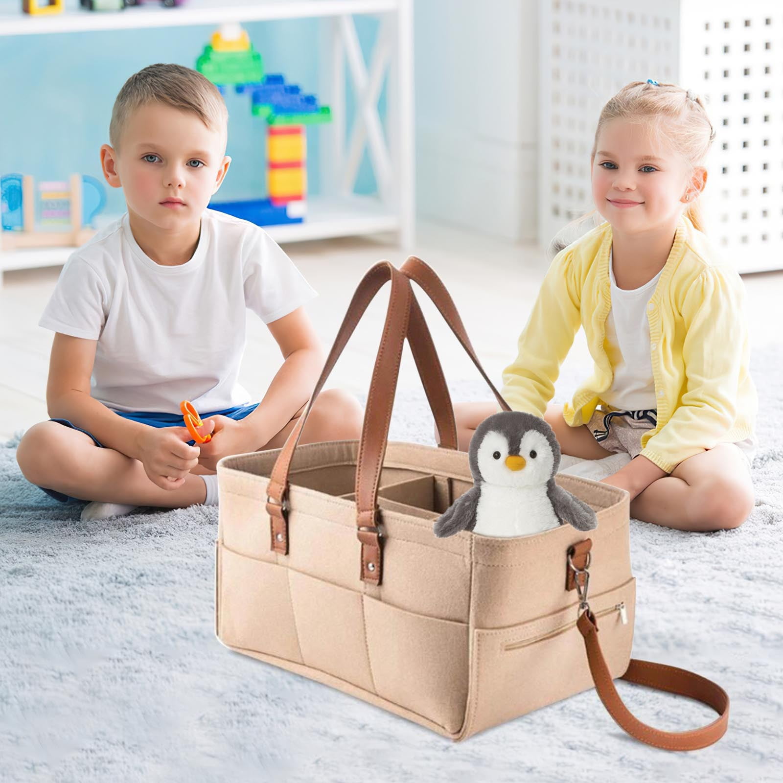 Baby Diaper Caddy Organizer, Soft Felt Bag with 6 Side Pockets, Portable Tote Nappy Bag for Car or Nursery, Must-Have for travel, Car or Nursery