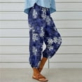 thumbnail image 6 of Women's Cotton Linen Plus Size Capri Pants Drawstring Elastic High Waist Boho Vintage Print Summer Loungewear Pants 2025 Blue 01,M, 6 of 7