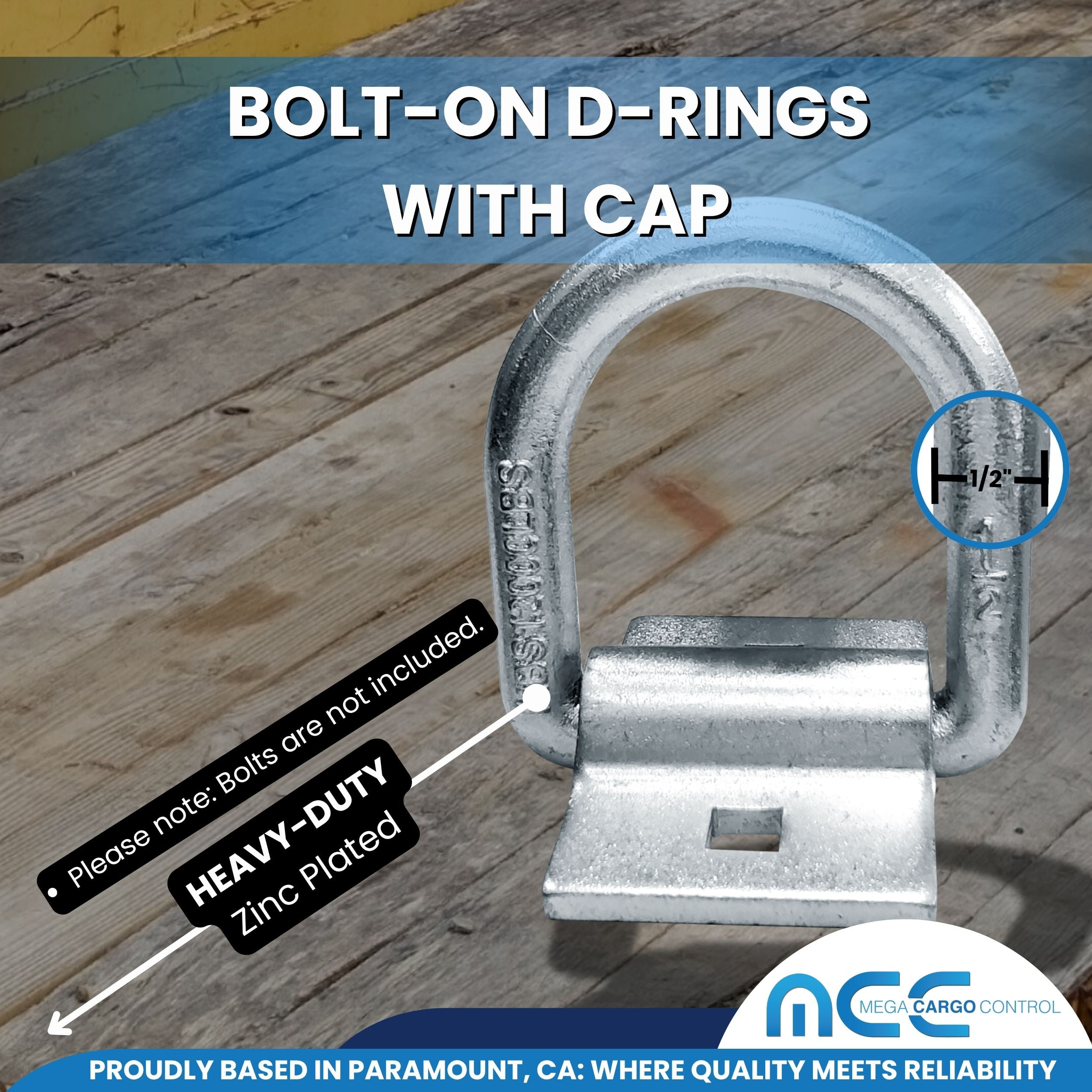 Mega Cargo Control 8 Pack 1/2" Bolt-On D-Ring Strap Cargo Flatbed Truck Trailer Tie Down Rope Chain D Ring WLL: 4,000 lbs