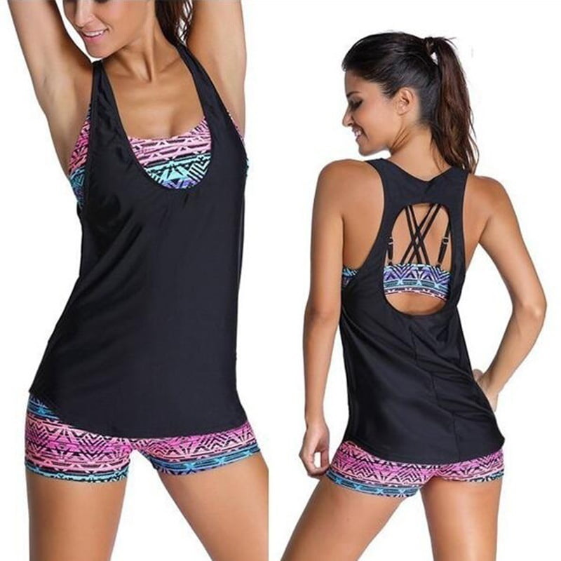 Sidefeel Women Tribal Printed Tankini with Boyshort Bikini Set