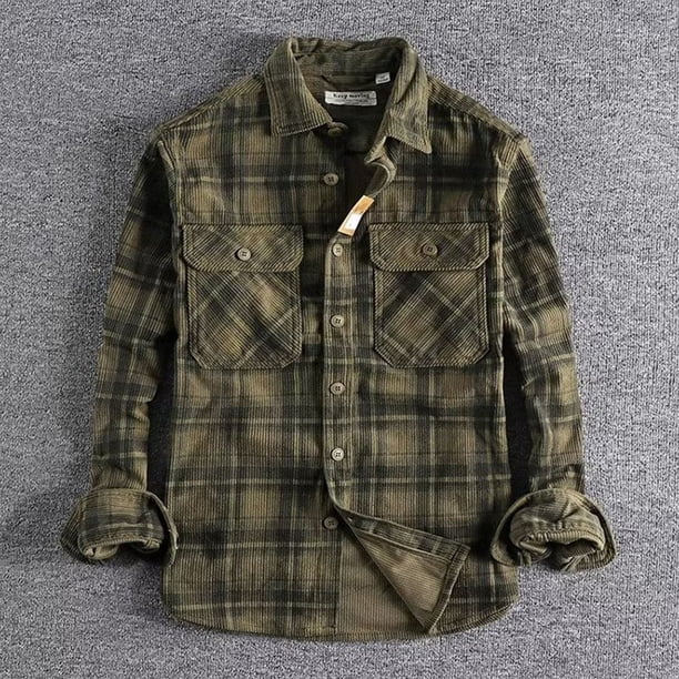 Blusa y camisa de manga larga con cuello vuelto para hombre, estilo vintage, con botones y bolsillos, a cuadros, de algodón.