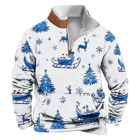 successthop Mens Christmas Sweatshirt Ugly Quarter Zip Long Sleeve Top Pullover Streetwear with Pocket Sweaters Blue 3XL