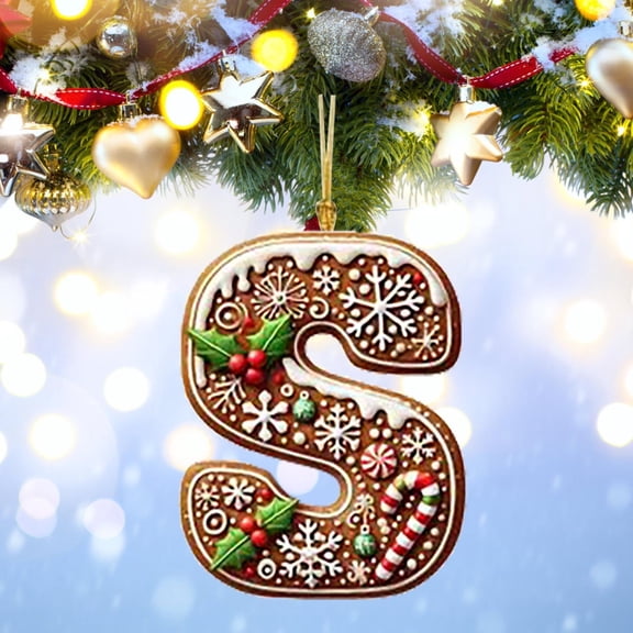 Personalized Christmas Letter S Ornament, DIY Gingerbread Acrylic Alphabet Decoration with Holly and Candy Cane, Hanging Tree Gift Tag for Party
