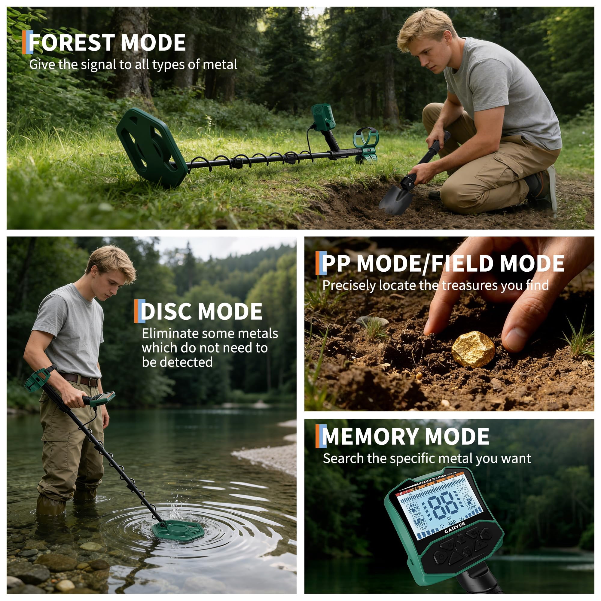 Towallmark Professional Metal Detector for Adults & Beginners, 4 Modes, 10" Waterproof Coil, LCD Display with Pinpoint, Lightweight for Gold, Coins, Jewelry Hunting, Green