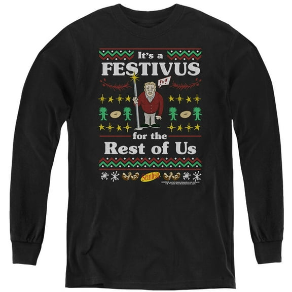 Seinfeld Festive Festivus Kids Long Sleeve T Shirt (Small) for Youth Boys and Girls, Black