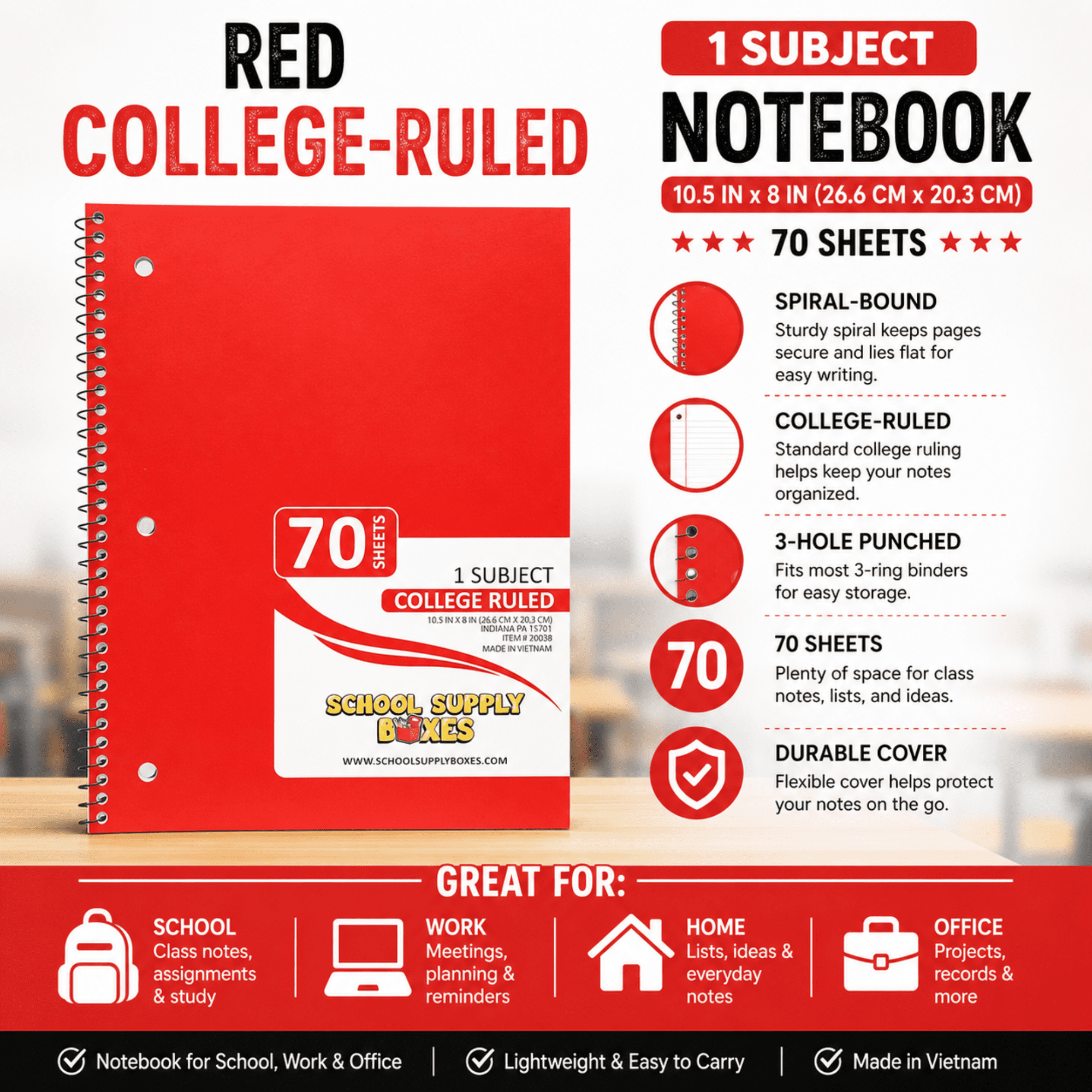 School Supply Boxes | (Red) College-Ruled 1 Subject Notebooks | 24 Pack | 10.5 IN x 8 IN (70 Sheets) Notebooks for School, Work & Office