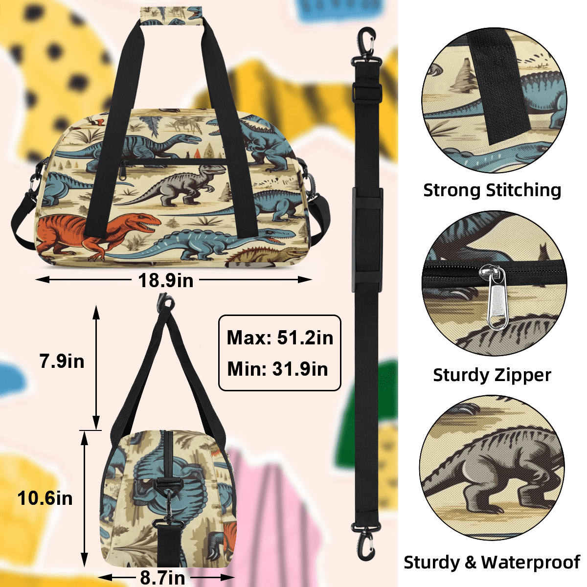 Herdesigns Dinosaur Cartoon Dino Sports Duffle Bag for Women & Men, Gym Bag Dance Bag Overnight Bag Carry On Weekender Travel Bag