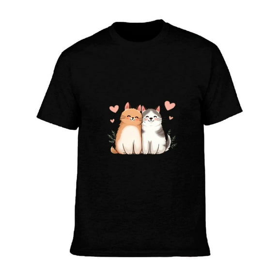 Men's Cotton Short Sleeve T-Shirt - Cute Cartoon Cats Design with Hearts Orange & Calm Gray Cat Perfect for Cat Lovers