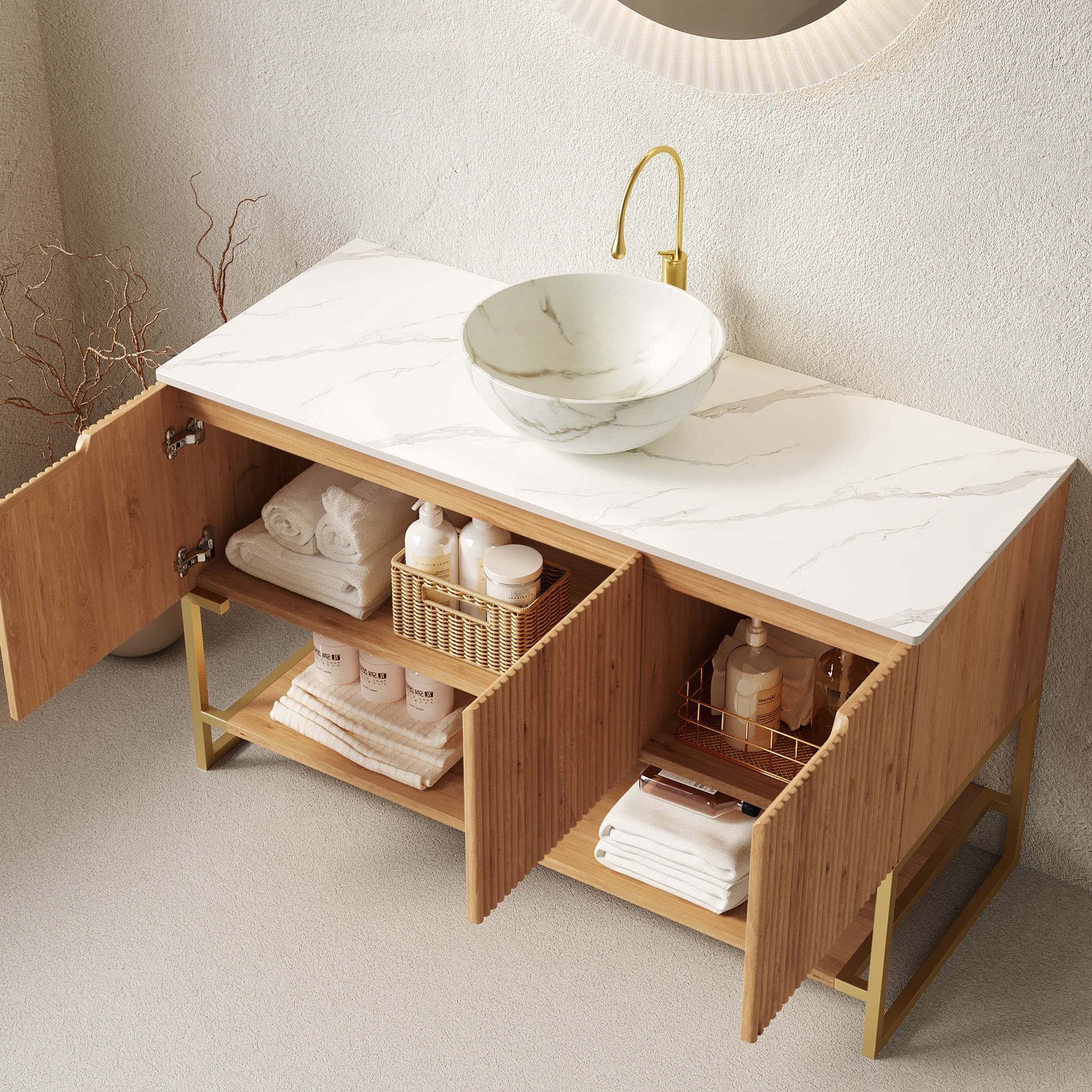 Noble House Tulio 48" Freestanding Bathroom Vanity with Sintered Stone Countertop, Stone Bowl Ceramic Basin, Oak