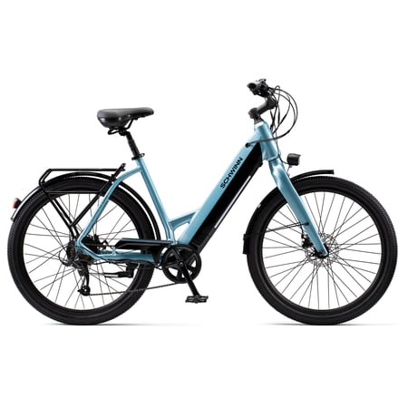 Schwinn Coston DX hybrid electric bike, 7 speeds, 27.5 inch wheels, unisex frame, blue
