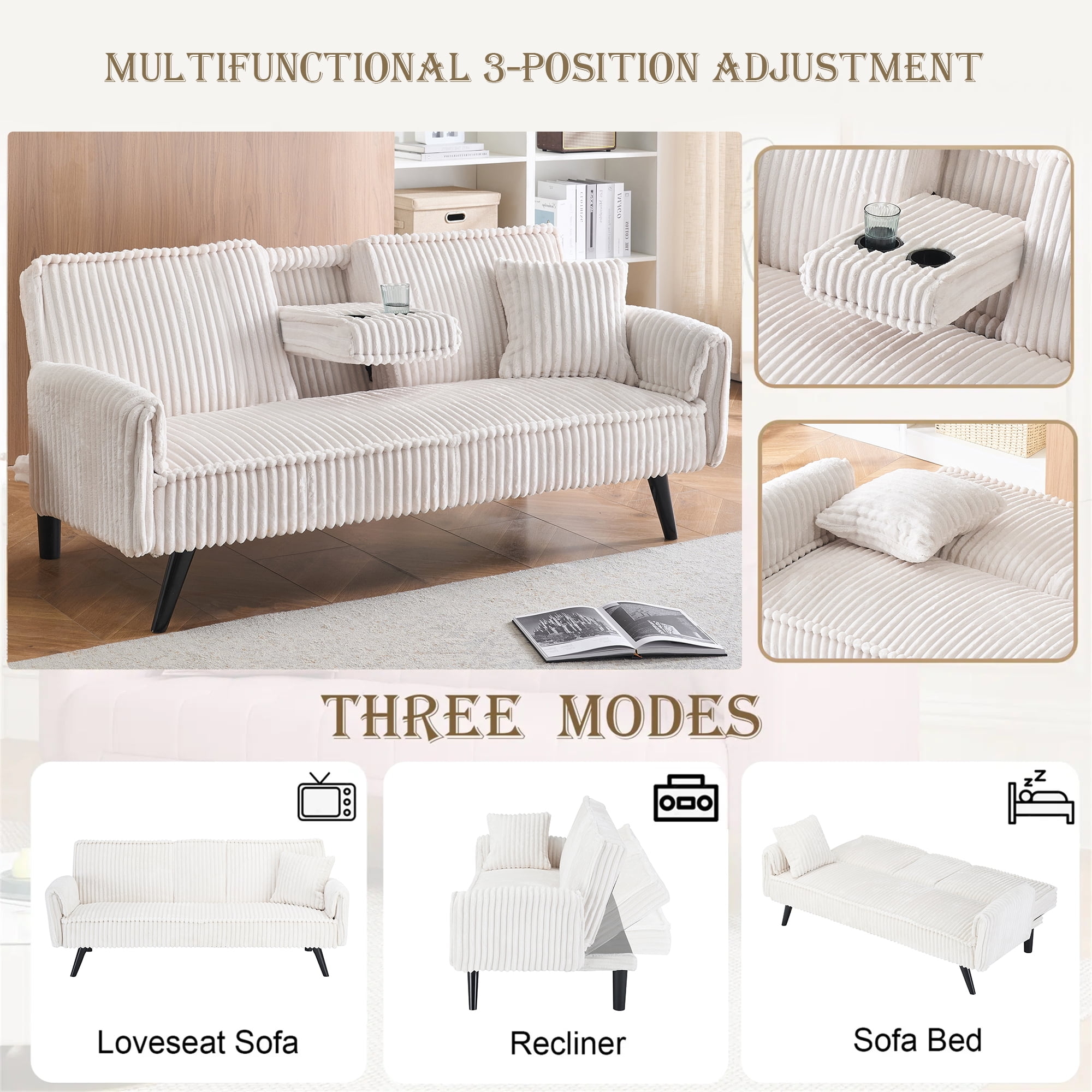 Aukfa Corduroy Futon Convertible Sofa Bed, 2 Cup Holders& Pillow, Straight-line Tufted, Beige