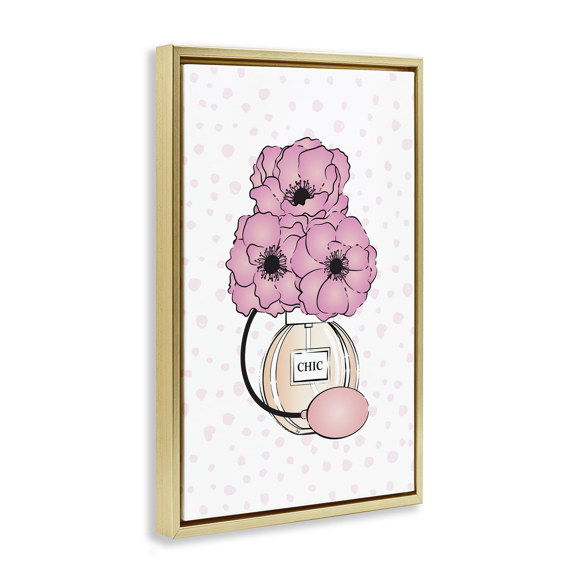 Stupell Industries Pink Florals in Perfume Botanical & Floral Painting Gold Floater Framed Art Print Wall Art, 21 x 31