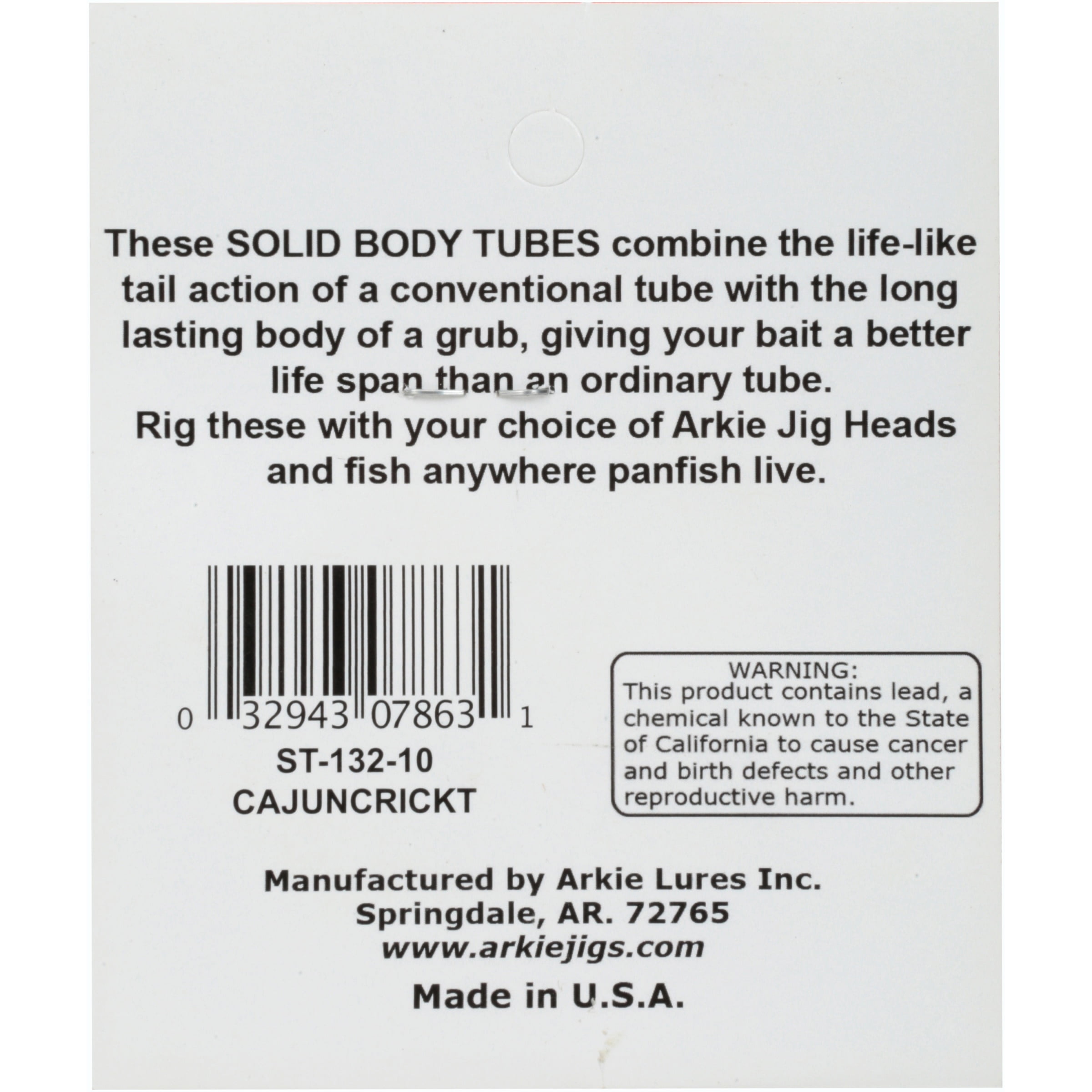Arkie Lures Solid Body Fishing Tube, Color Cajun Cricket