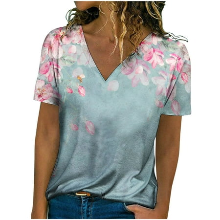 

Blouses for Women Women s Casual V-Neck Short Sleeve T-Shirts Printed Summer Blouses Tops Basic Tees for Women Light Blue S